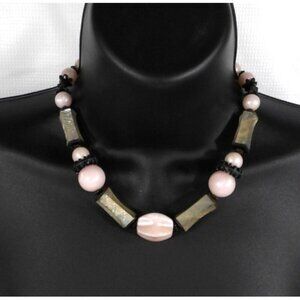 Vintage necklace pink, gold & black larger plastic beaded choker statement 15"